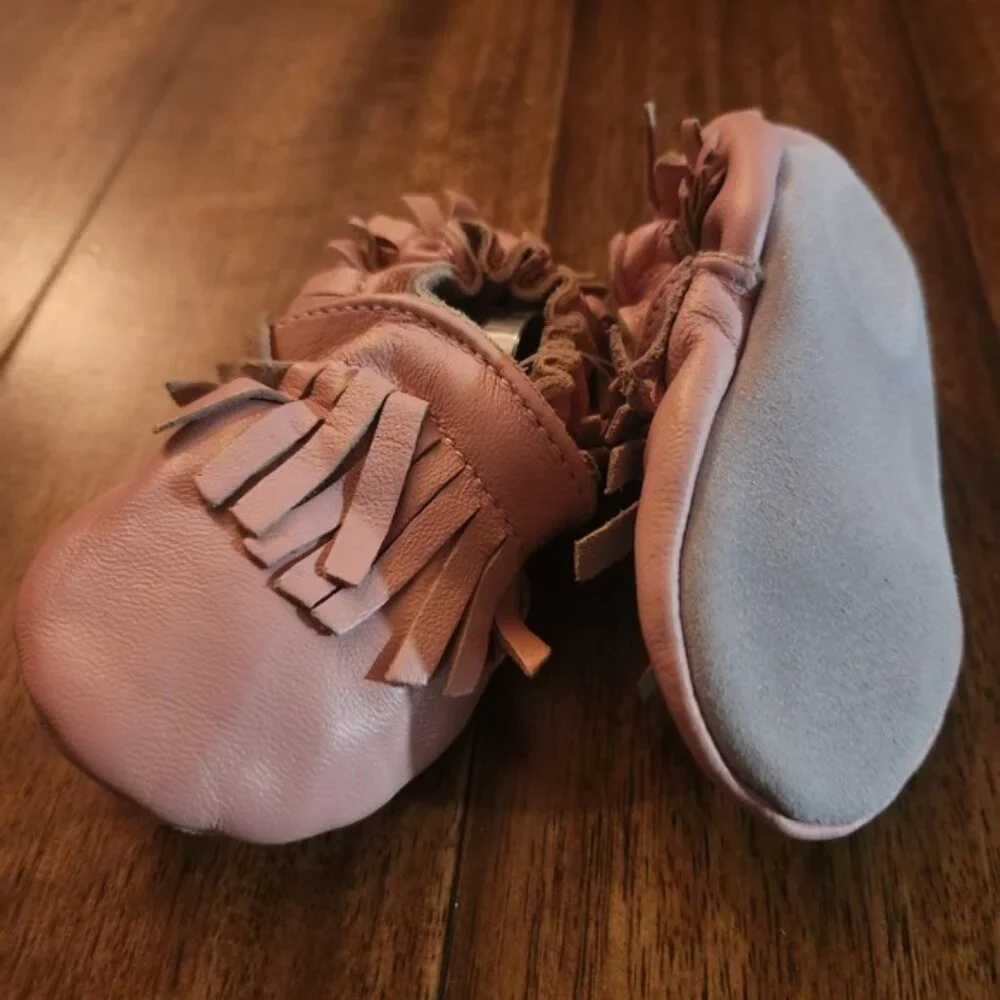Tickle Toes Genuine Leather Baby Moccasins Pink Fringe Elastic‎ Fit Size 6-12